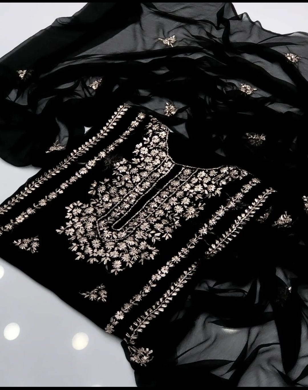 3PC Crinkle Chiffon Suit with heavy gotta work embroidered shirt, crinkle chiffon dupatta, and Katan silk trouser for party and wedding wear