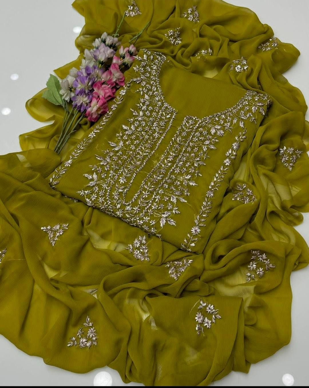 3 PC Crinkle Chiffon Gotta Work Shirt, Dupatta Katan Silk Trouser