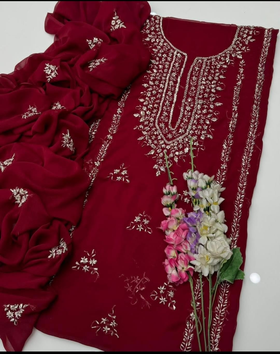3 PC Crinkle Chiffon Gotta Work Shirt, Dupatta Katan Silk Trouser