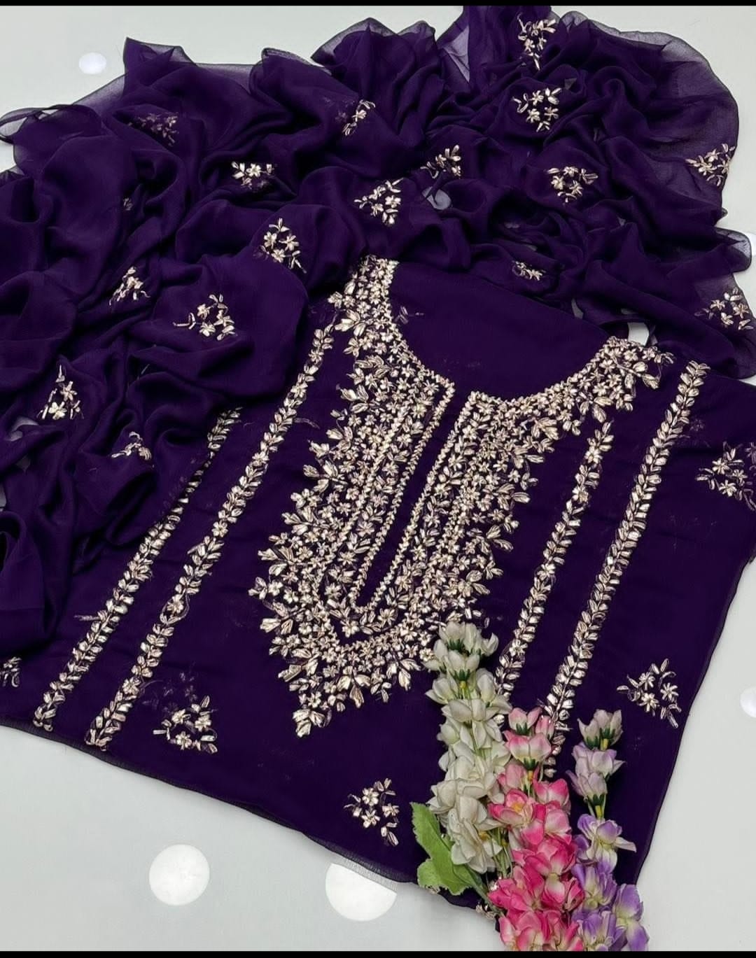 3 PC Crinkle Chiffon Gotta Work Shirt, Dupatta Katan Silk Trouser