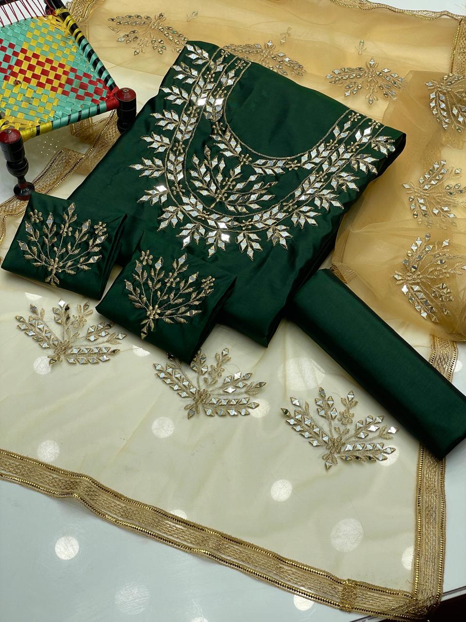 3PC Kattan Silk Mirror Work Shirt, Dupatta & Trouser Set