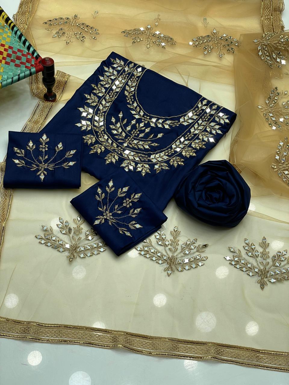 3PC Kattan Silk Mirror Work Shirt, Dupatta & Trouser Set