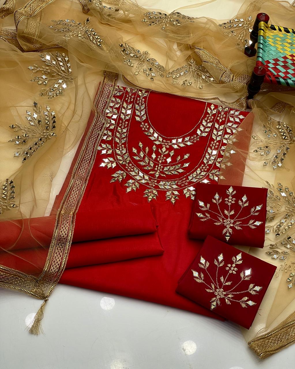 3PC Kattan Silk Mirror Work Shirt, Dupatta & Trouser Set