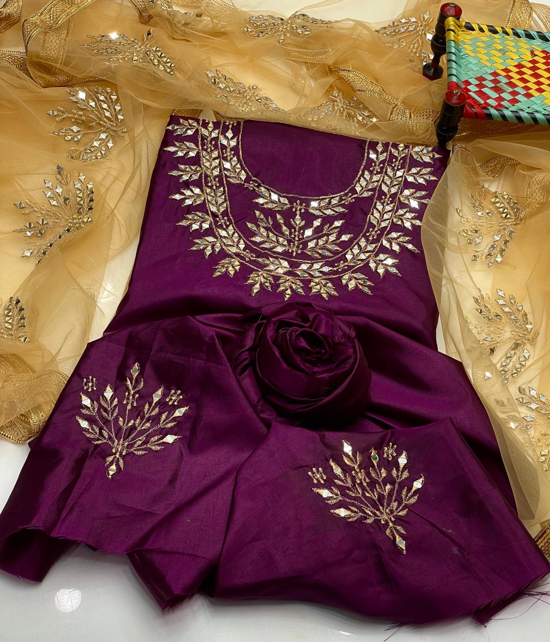 3PC Kattan Silk Mirror Work Shirt, Dupatta & Trouser Set