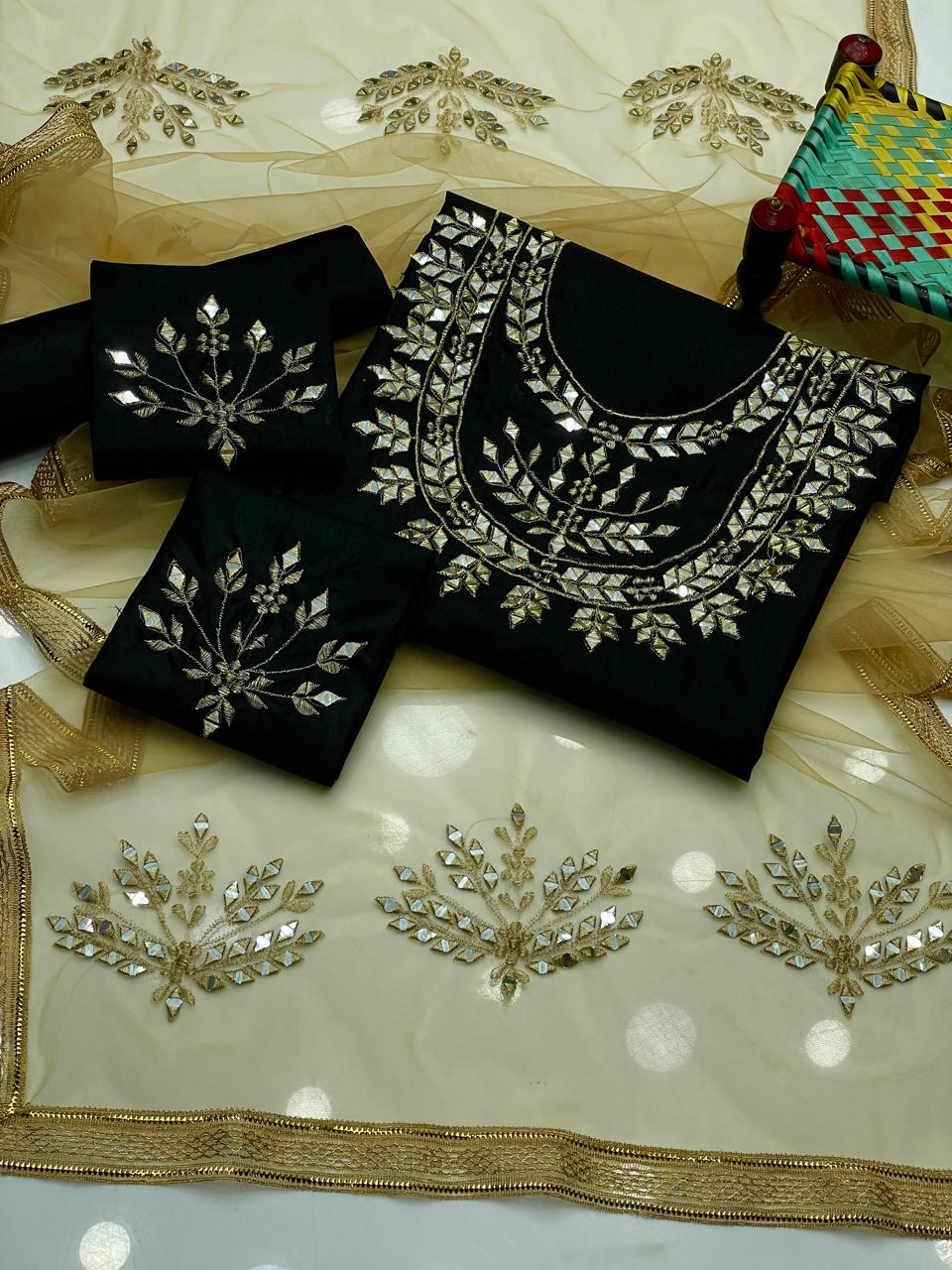 3PC Kattan Silk Mirror Work Shirt, Dupatta & Trouser Set