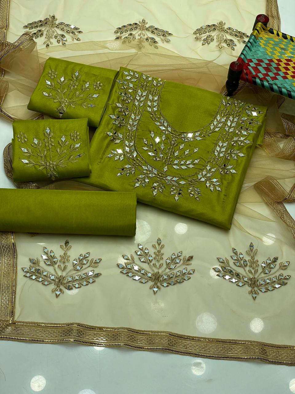 3PC Kattan Silk Mirror Work Shirt, Dupatta & Trouser Set