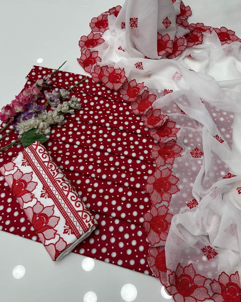 3 PC Unstitched Cotton Polka Print And Embroidered