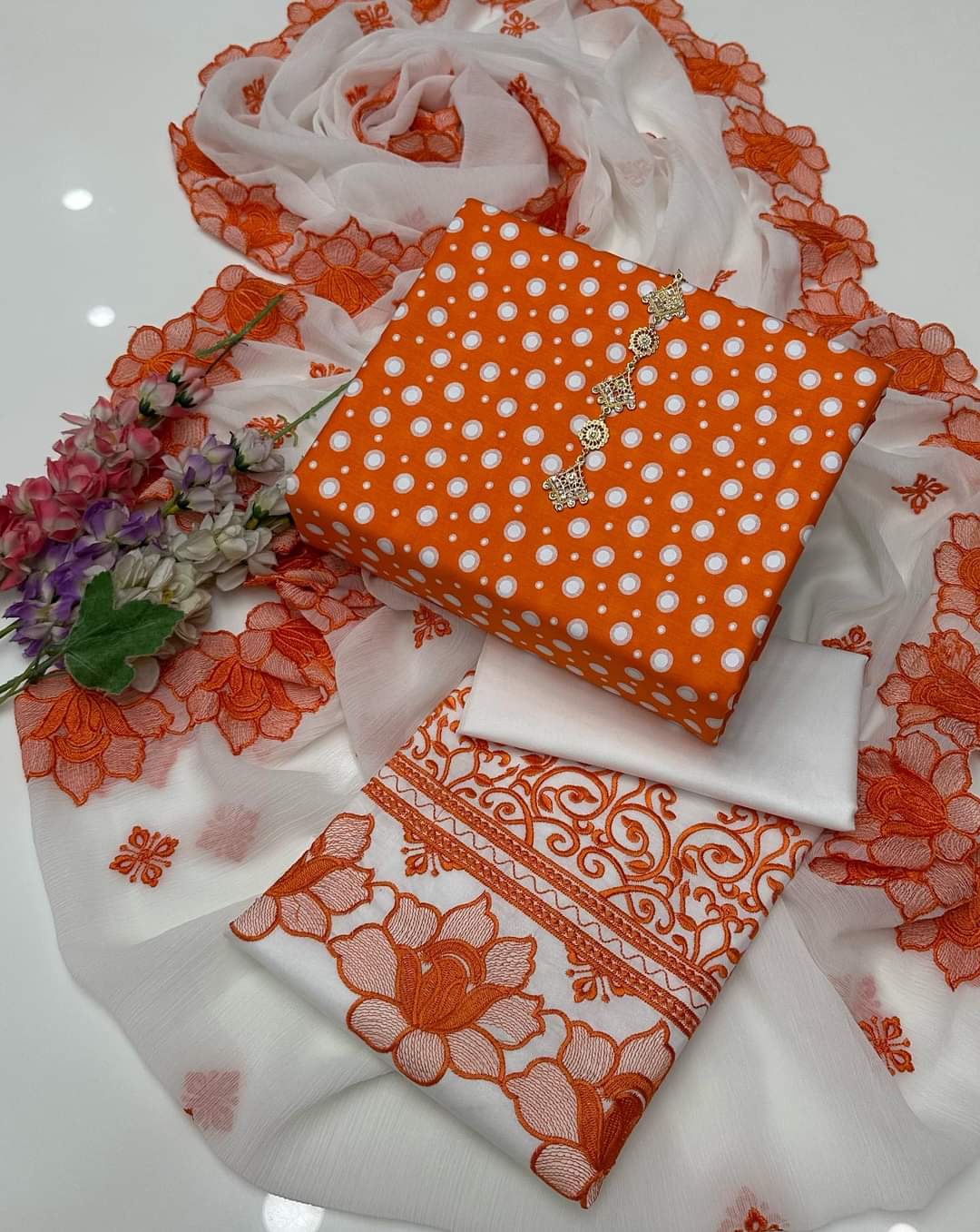 3 PC Unstitched Cotton Polka Print And Embroidered