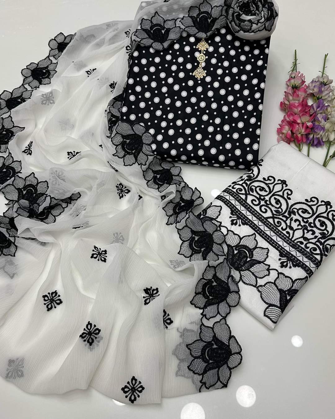 3 PC Unstitched Cotton Polka Print And Embroidered