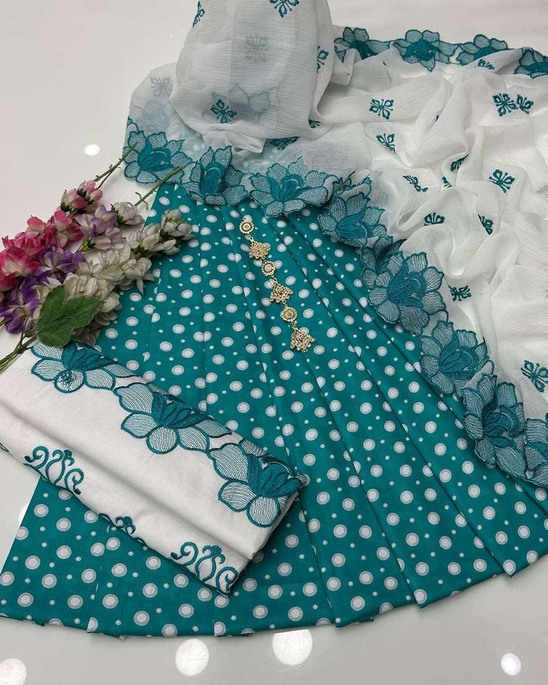 3 PC Unstitched Cotton Polka Print And Embroidered