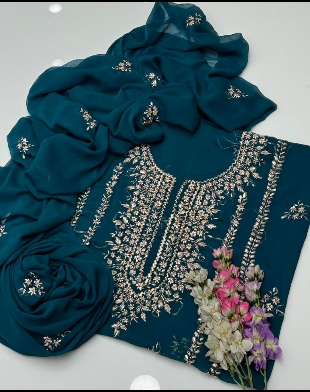 3 PC Crinkle Chiffon Gotta Work Shirt, Dupatta Katan Silk Trouser