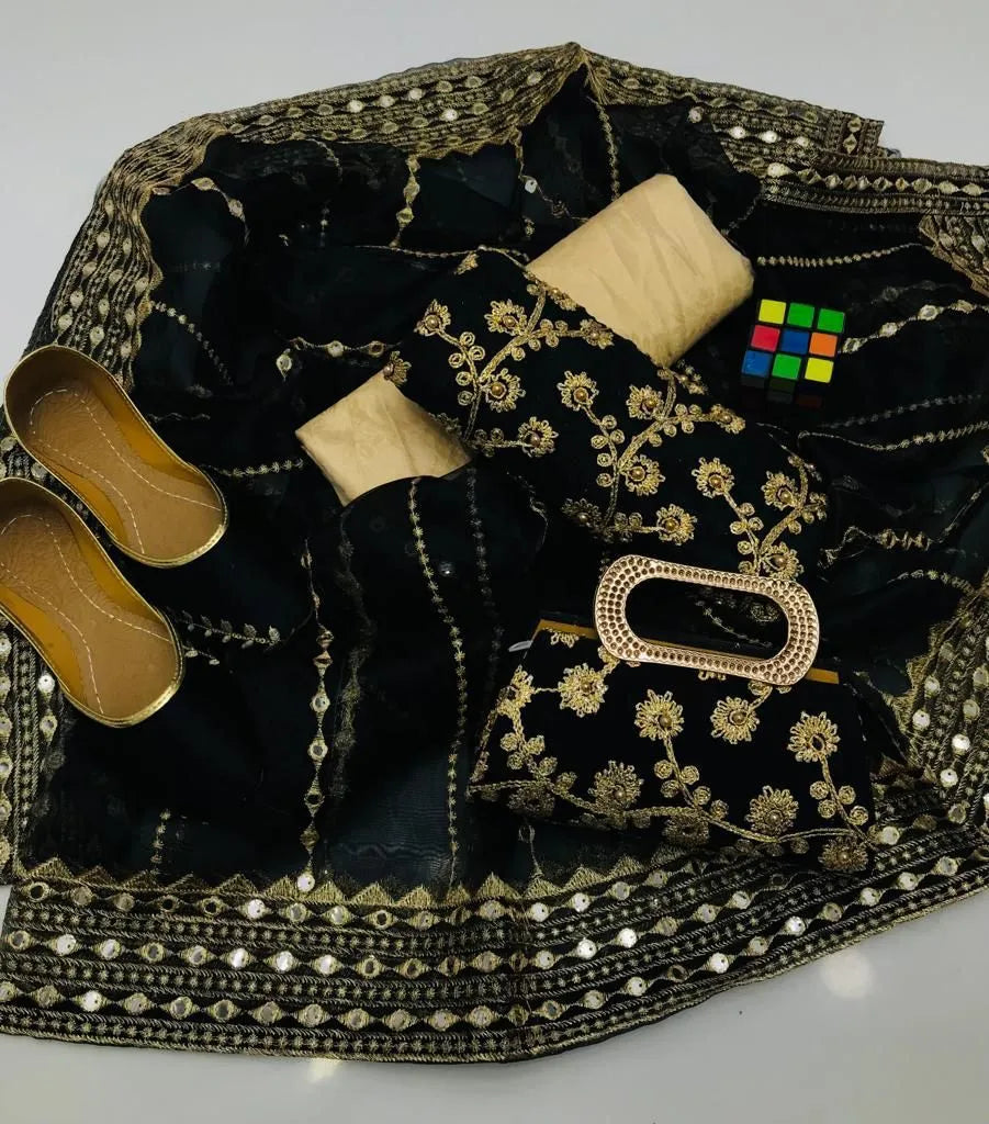 3 PC Winter Fancy Suit with Handmade Dupatta, Free Clutch & Khussa Gift! - fashionforcepk