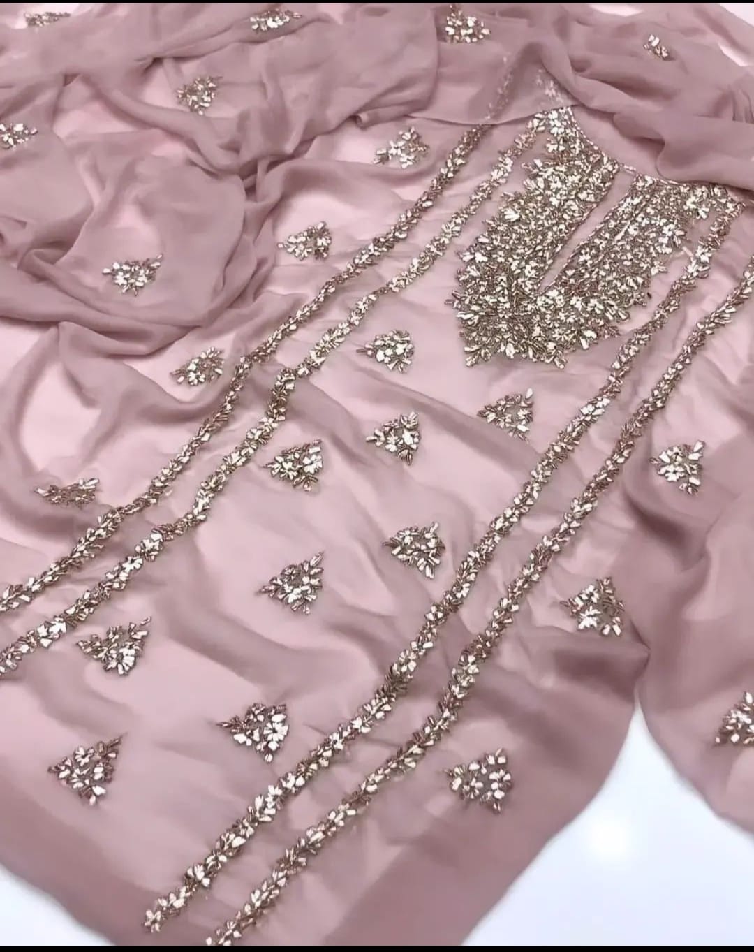 3 PC Crinkle Chiffon Gotta Work Shirt, Dupatta Katan Silk Trouser