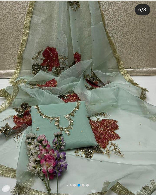 2PC Heavy Fancy Organza Dress with Adda Work & HandPaint