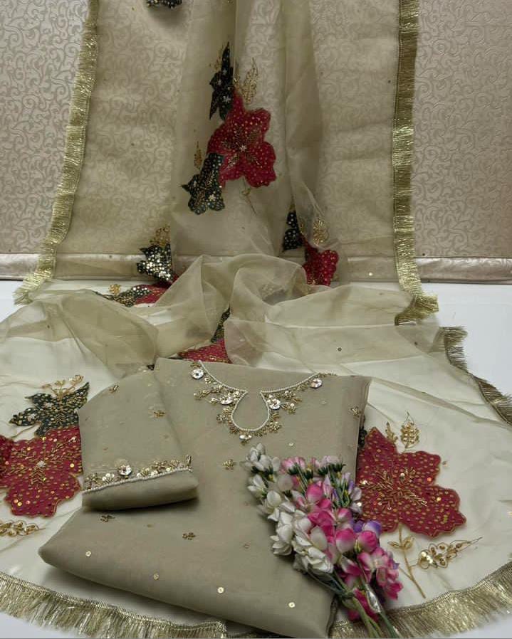 2PC Heavy Fancy Organza Dress with Adda Work & HandPaint