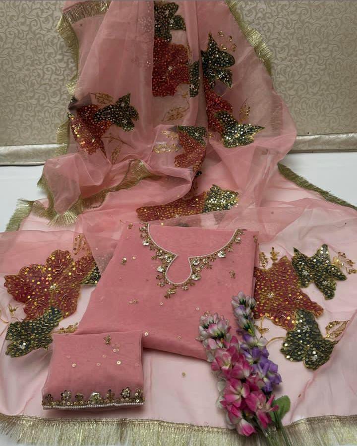2PC Heavy Fancy Organza Dress with Adda Work & HandPaint