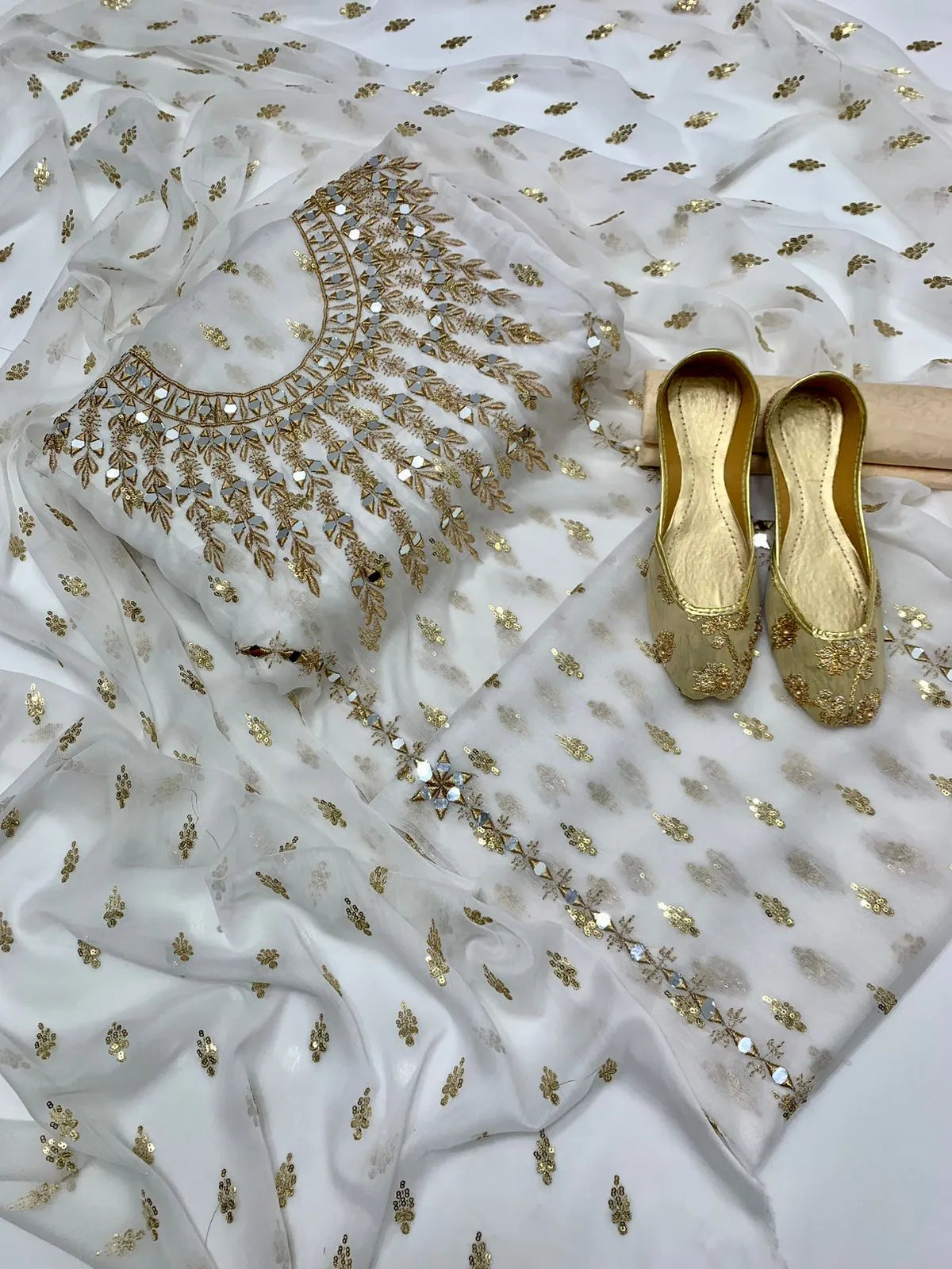 3 PC Chiffon Dress with Mirror Work, Embroidered Dupatta, Massori Silk Trouser & Matching Khussa (Sizes 6-10) - fashionforcepk