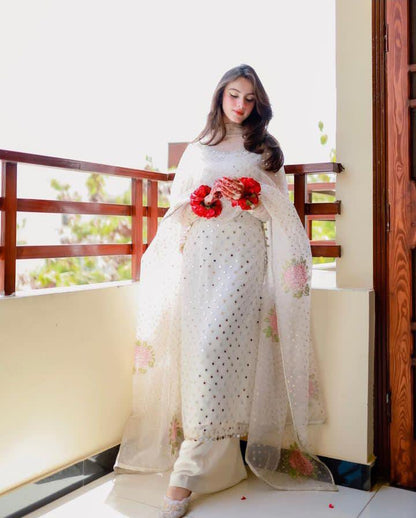 3 PC Eid Dress Heavy Mirror Work Organza Suit new