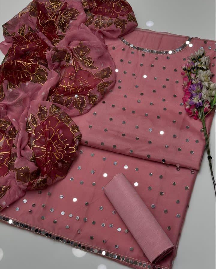 3 PC Eid Dress Heavy Mirror Work Organza Suit pink 2