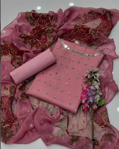 3 PC Eid Dress Heavy Mirror Work Organza Suit pink