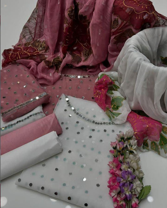 3 PC Eid Dress Heavy Mirror Work Organza Suit new