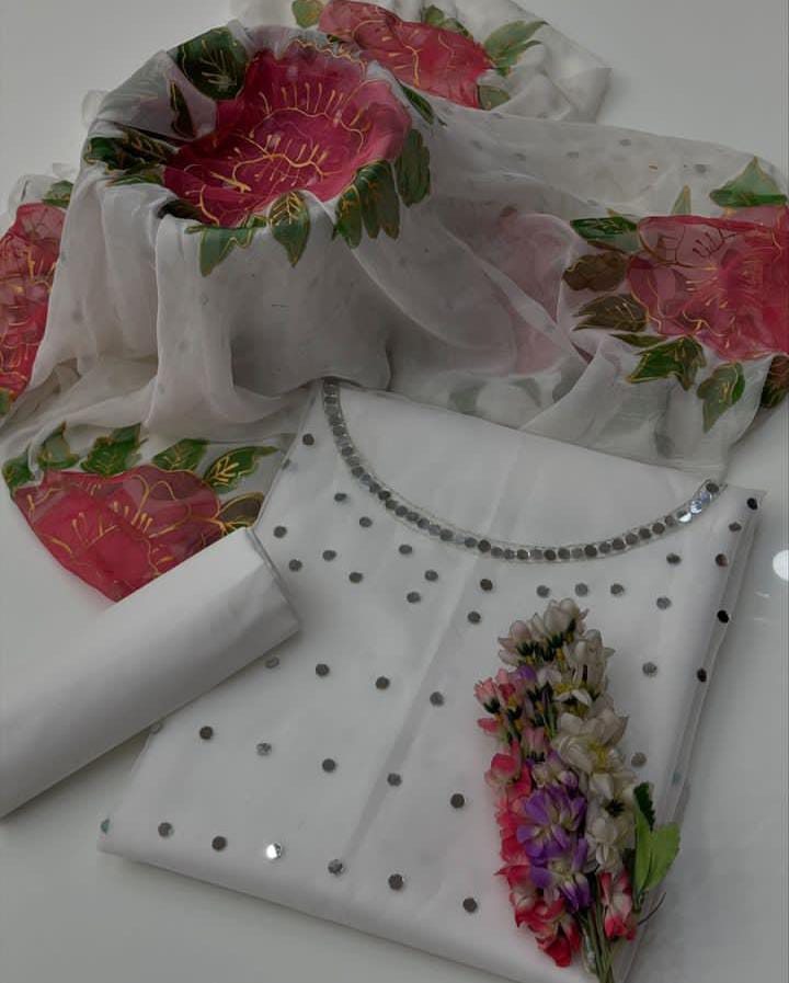 3 PC Eid Dress Heavy Mirror Work Organza Suit white