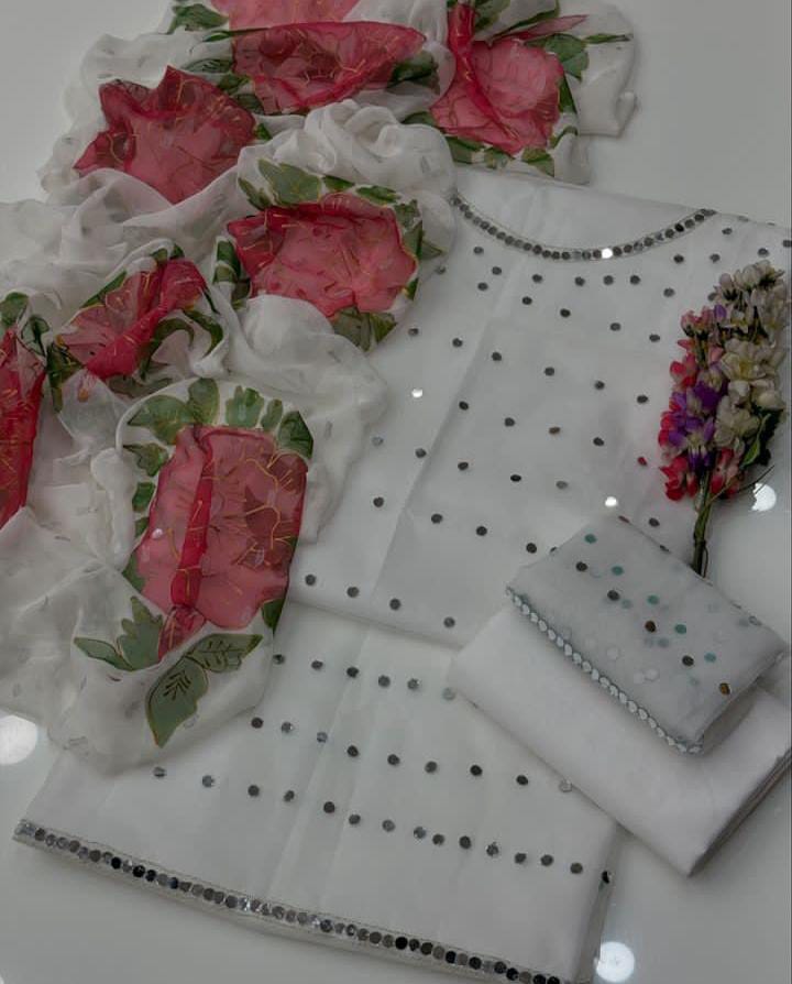 3 PC Eid Dress Heavy Mirror Work Organza Suit white2