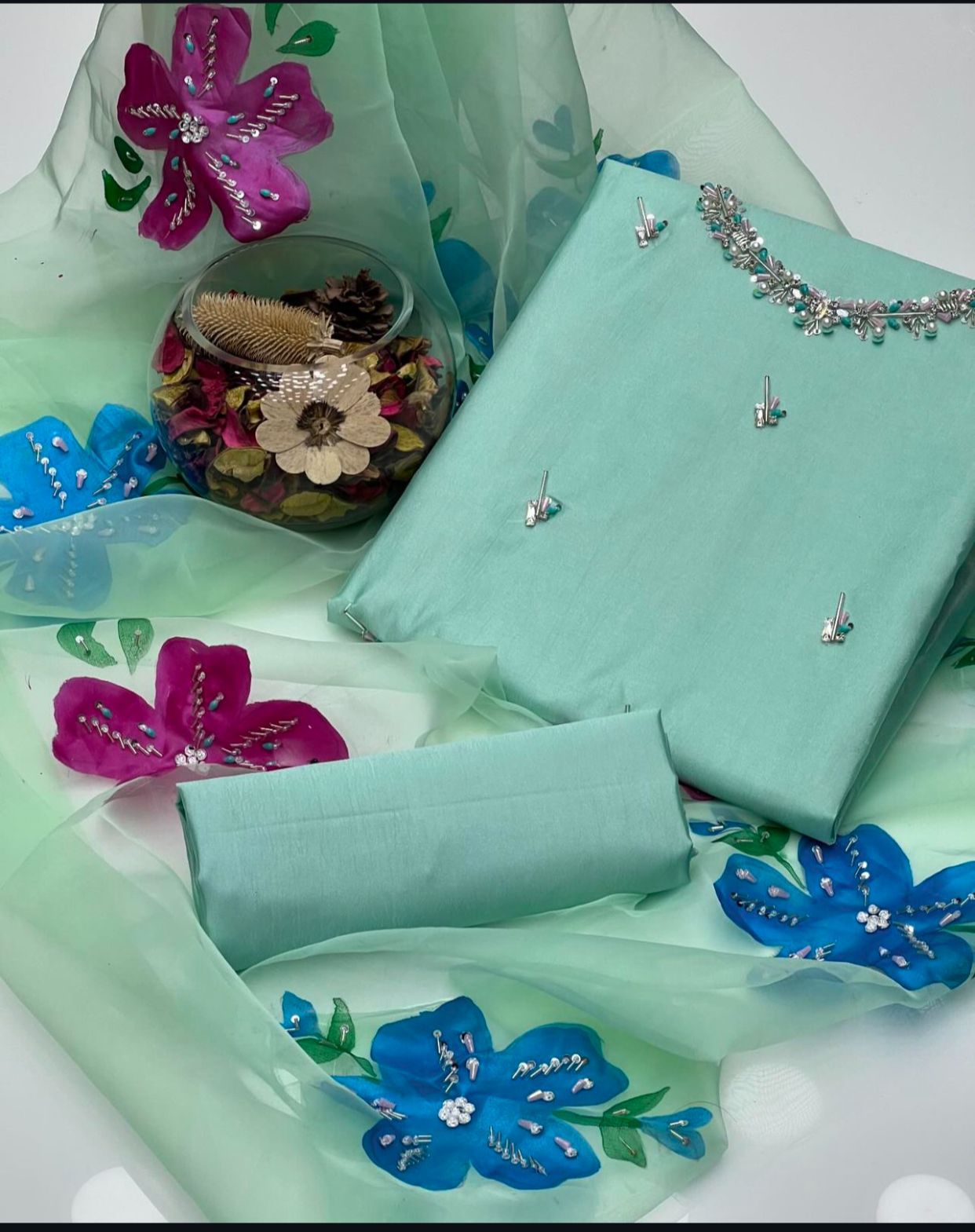 3 PC Eid Unstitched Dress Katan Silk Shirt & Organza Dupatta