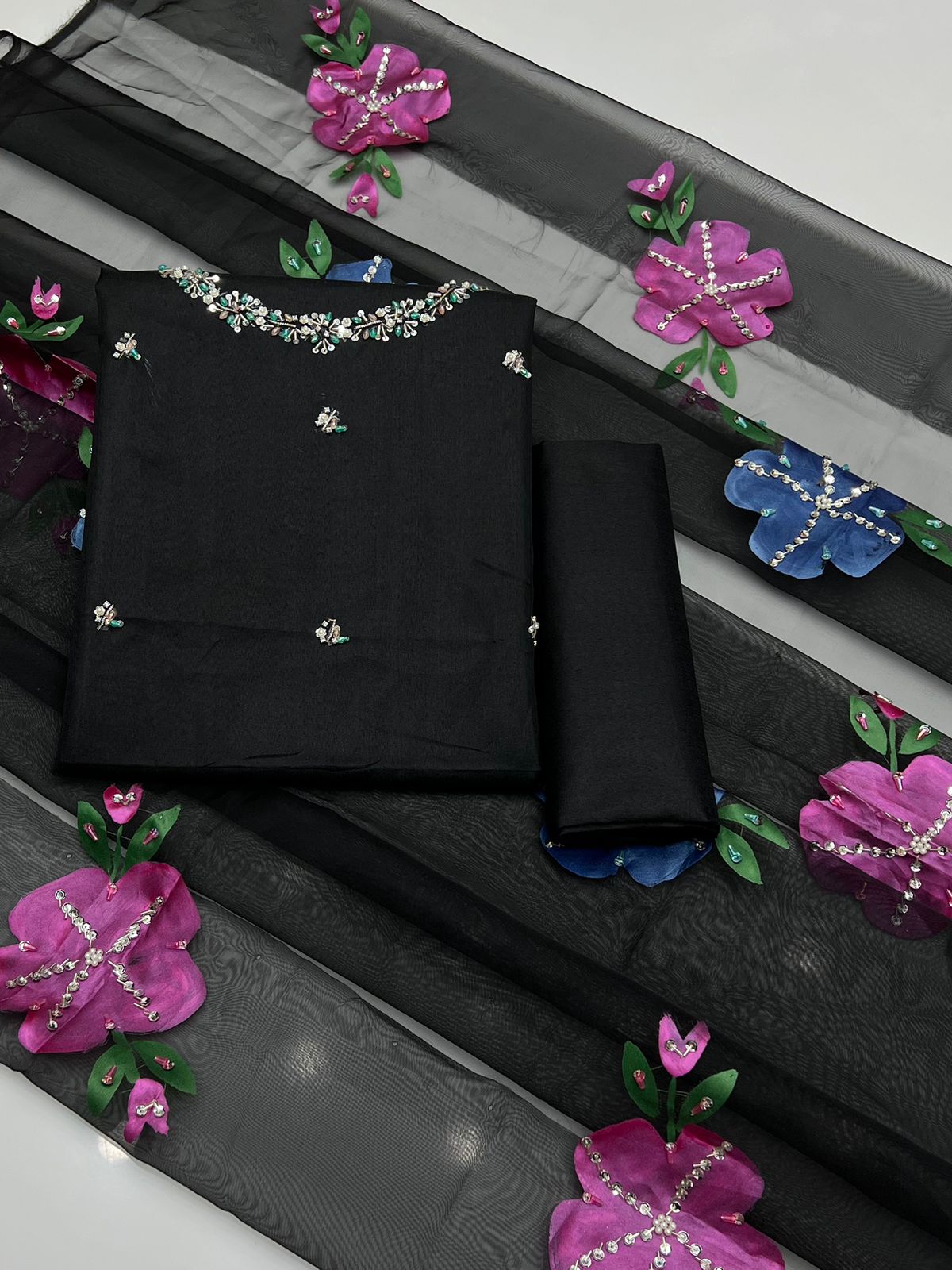 3 PC Eid Unstitched Dress Katan Silk Shirt & Organza Dupatta