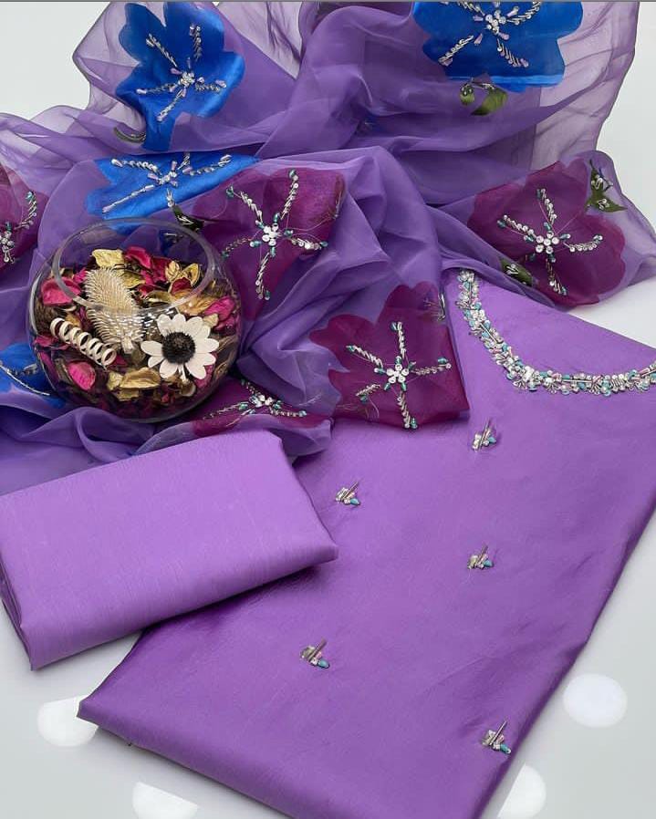3 PC Eid Unstitched Dress Katan Silk Shirt & Organza Dupatta