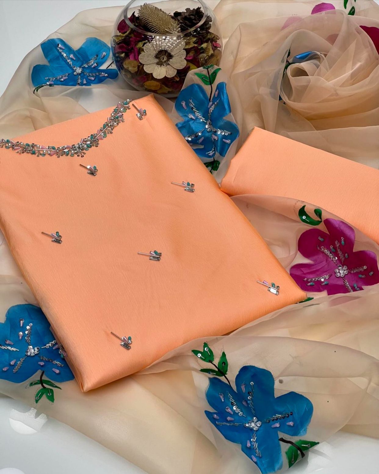 3 PC Eid Unstitched Dress Katan Silk Shirt & Organza Dupatta