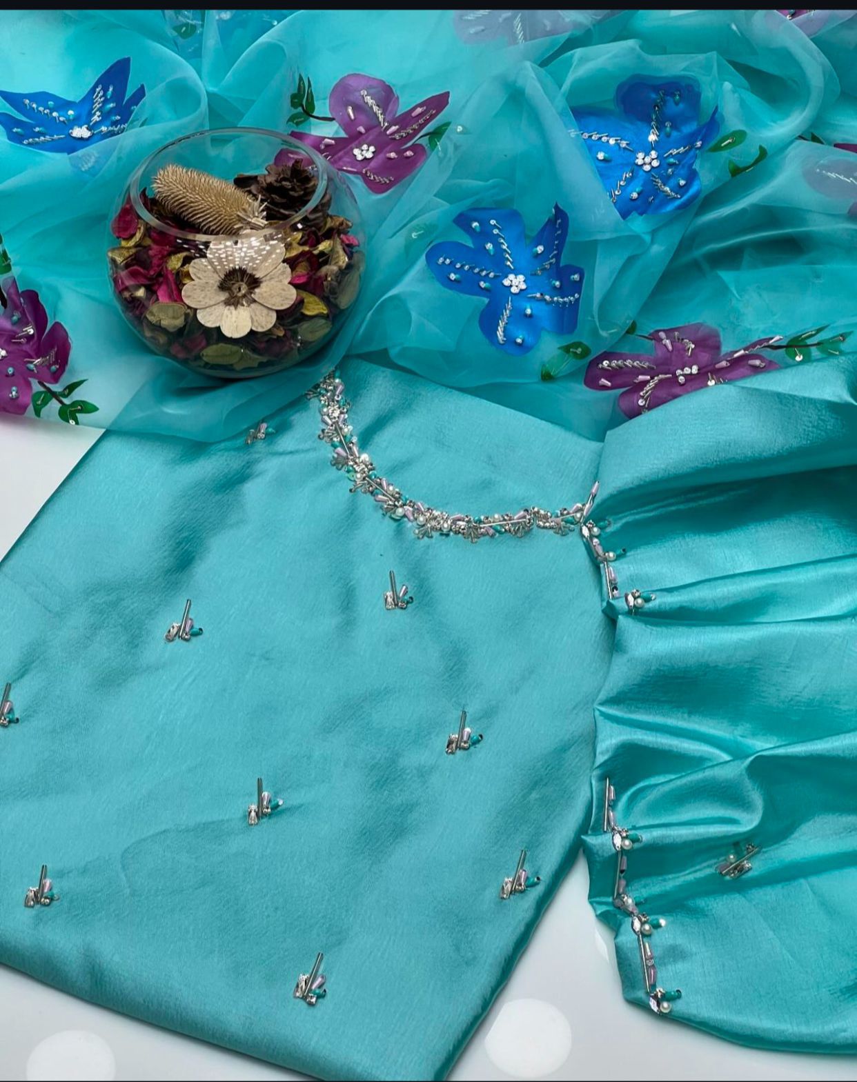 3 PC Eid Unstitched Dress Katan Silk Shirt & Organza Dupatta