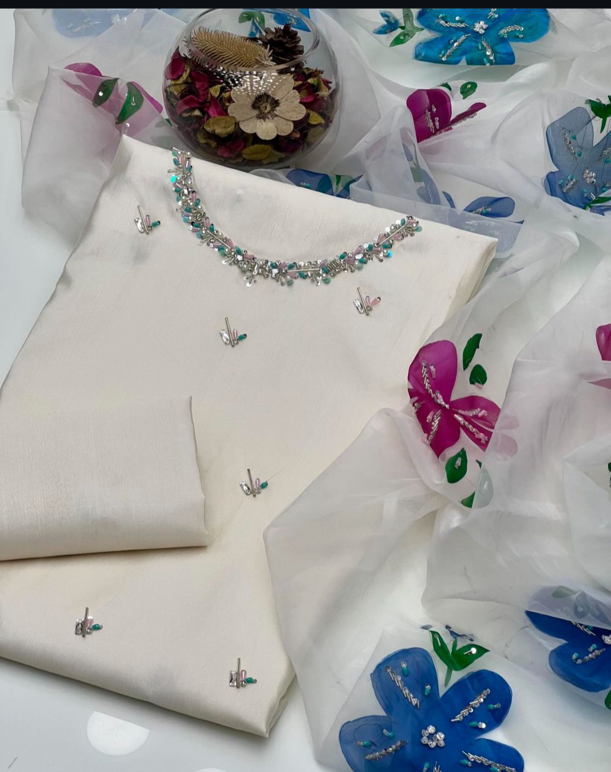 3 PC Eid Unstitched Dress Katan Silk Shirt & Organza Dupatta