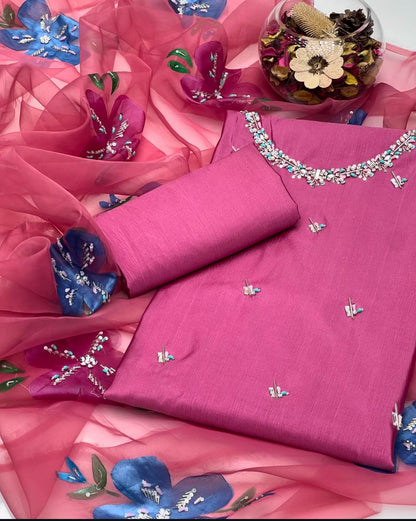 3 PC Eid Unstitched Dress Katan Silk Shirt & Organza Dupatta