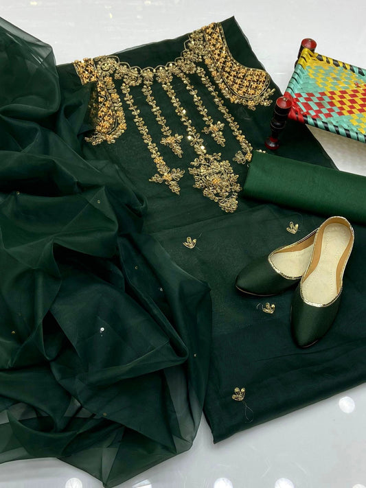 3PC Handmade Organza Tilla Aari Embroidered Shirt Trouser Khussa Gift! - fashionforcepk