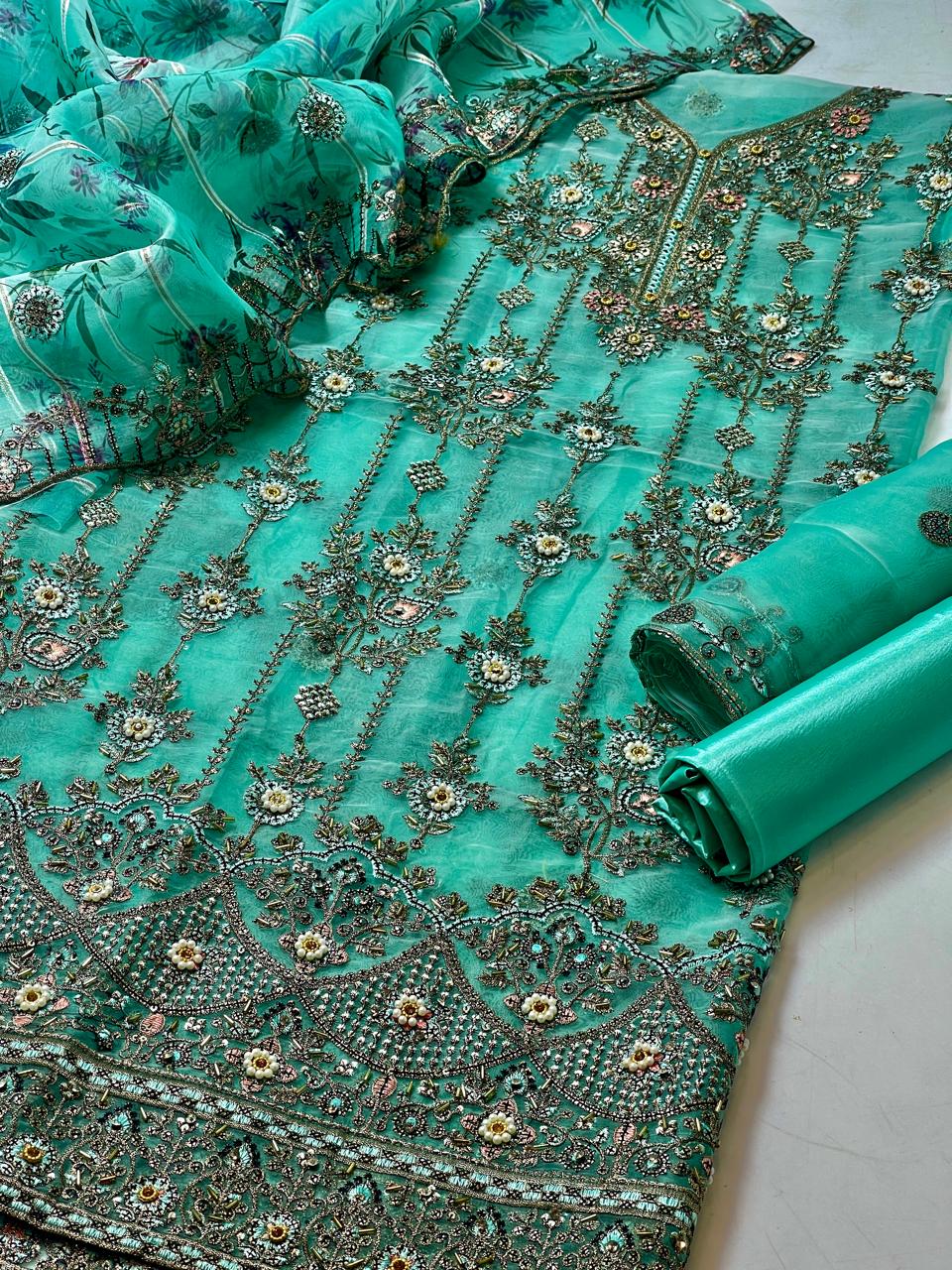 3PC Organza Jaal Work Shirt, Embroidered Dupatta & Silk Trouser