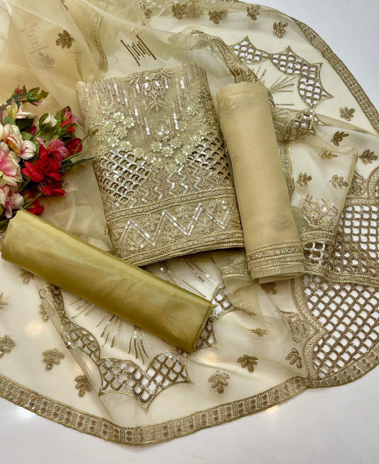 3 PC Organza Shirt, Dupatta & Kataan Silk Trouser - fashionforcepk