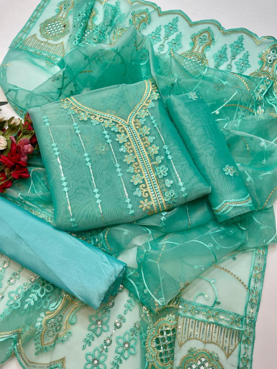 3 PC Organza Shirt, Dupatta & Kataan Silk Trouser - fashionforcepk