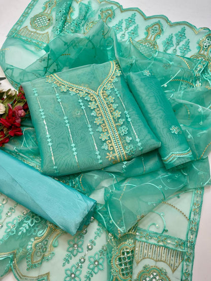 3 PC Organza Shirt, Dupatta & Kataan Silk Trouser - fashionforcepk