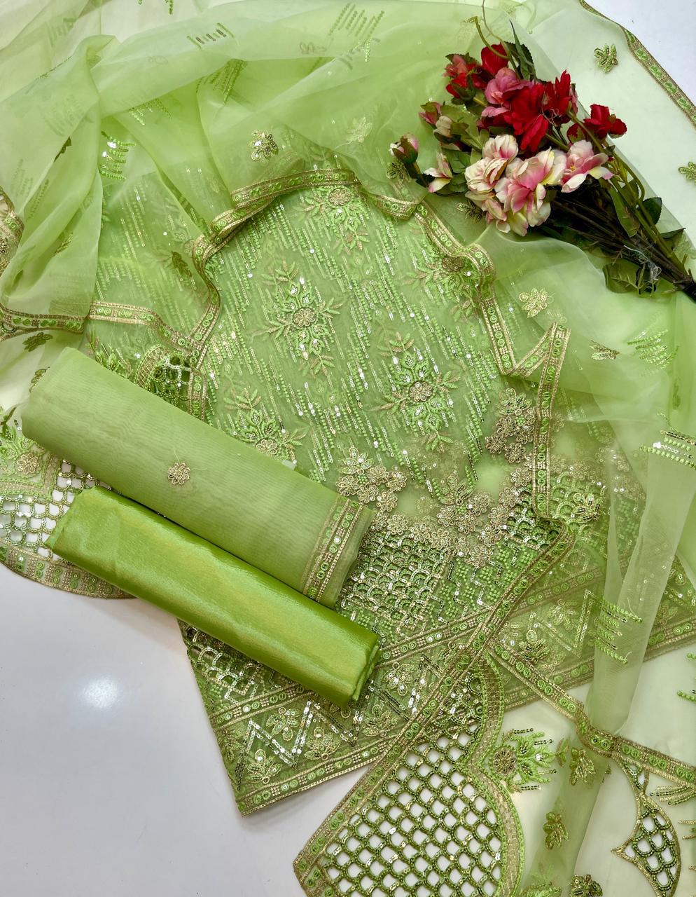 3 PC Organza Shirt, Dupatta & Kataan Silk Trouser - fashionforcepk