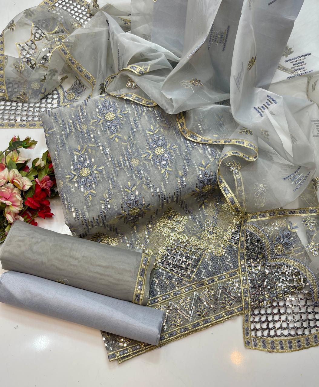 3 PC Organza Shirt, Dupatta & Kataan Silk Trouser - fashionforcepk