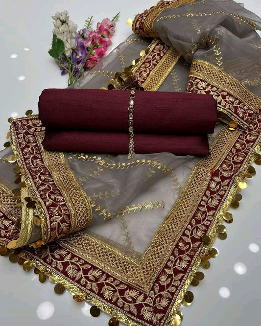3 PC Party Suit Kathan Silk Shirt ,Organza Heavy Lase Embriodery Duppata With Neckline - fashionforcepk