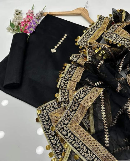3 PC Party Suit Kathan Silk Shirt ,Organza Heavy Lase Embriodery Duppata With Neckline - fashionforcepk