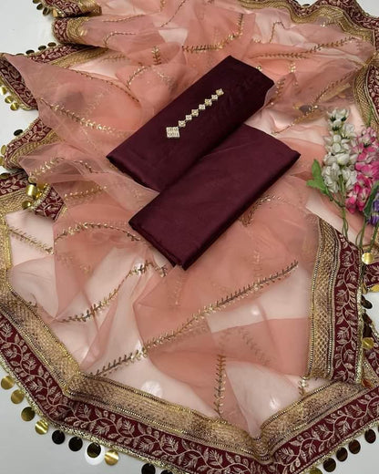 3 PC Party Suit Kathan Silk Shirt ,Organza Heavy Lase Embriodery Duppata With Neckline - fashionforcepk