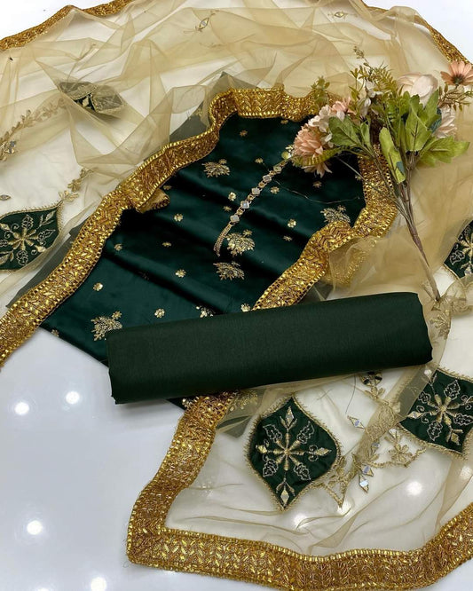 3 PC Winter Shamoz Silk Shirt Katan Silk Trouser & Net Dupatta - fashionforcepk