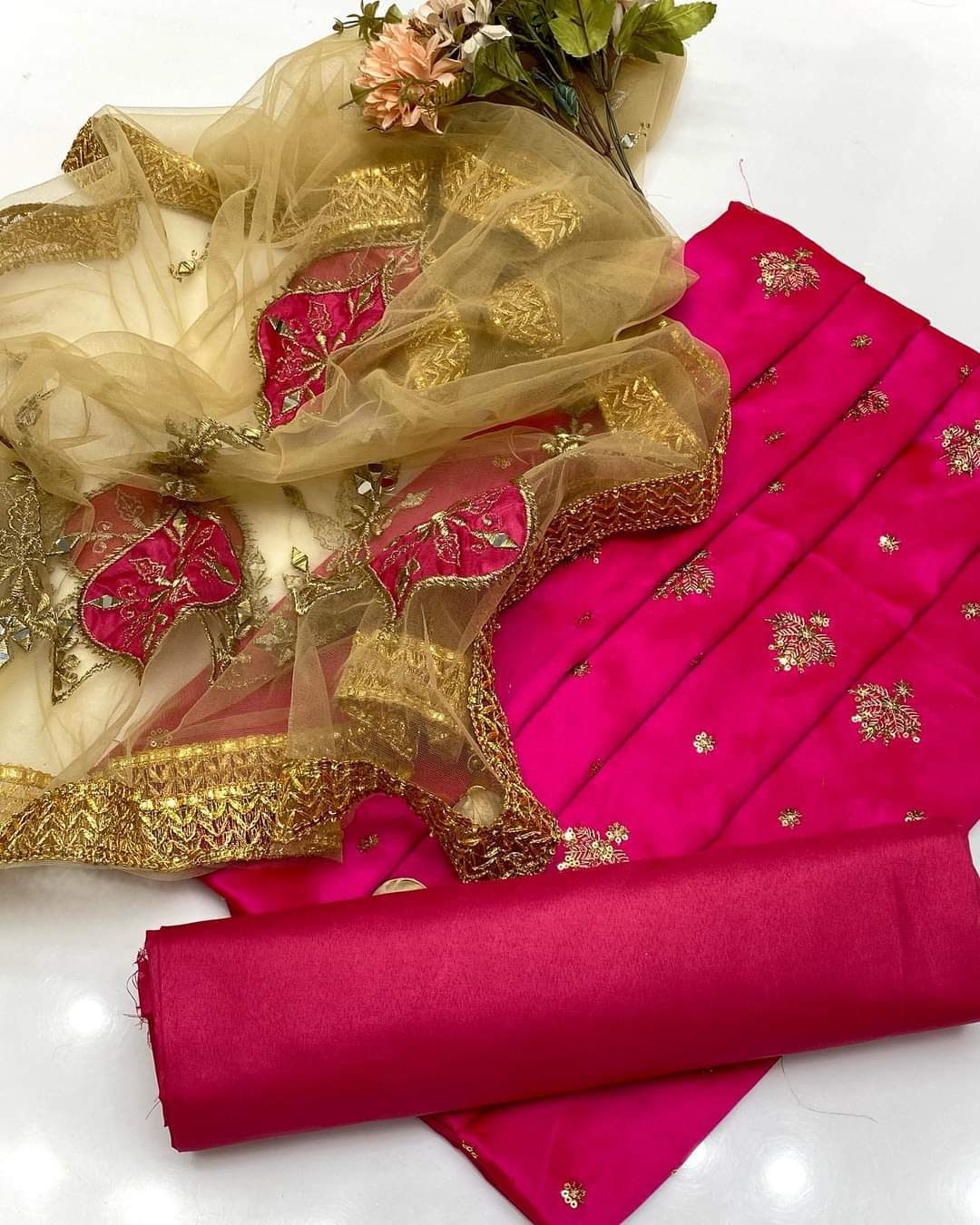 3 PC Winter Shamoz Silk Shirt Katan Silk Trouser & Net Dupatta - fashionforcepk