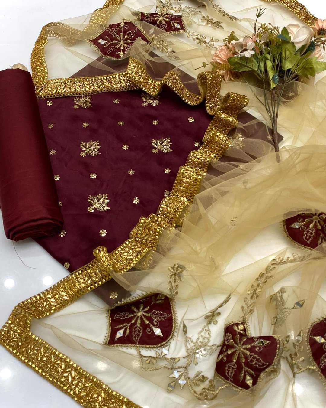 3 PC Winter Shamoz Silk Shirt Katan Silk Trouser & Net Dupatta - fashionforcepk