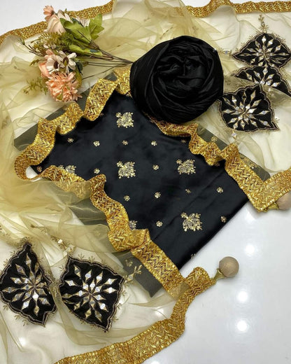 3 PC Winter Shamoz Silk Shirt Katan Silk Trouser & Net Dupatta - fashionforcepk