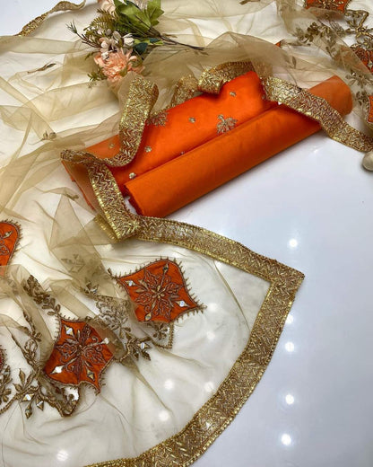 3 PC Winter Shamoz Silk Shirt Katan Silk Trouser & Net Dupatta - fashionforcepk