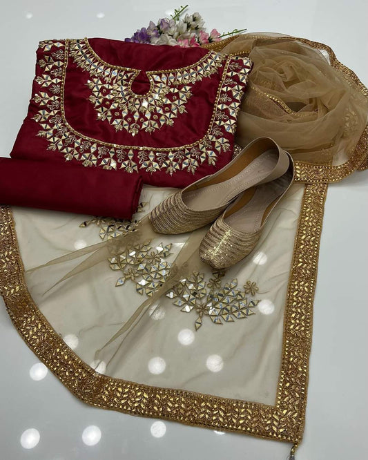 3 PC Winter Suit with Katan Work Shirt, Dupatta & Trouser with Free Khussa Gift - fashionforcepk
